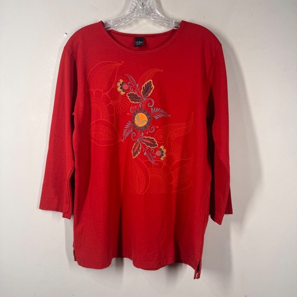 Sabaku Artwear Red Cotton Floral Graphic 3/4 Sleeve Tee Shirt Womens Sz Small